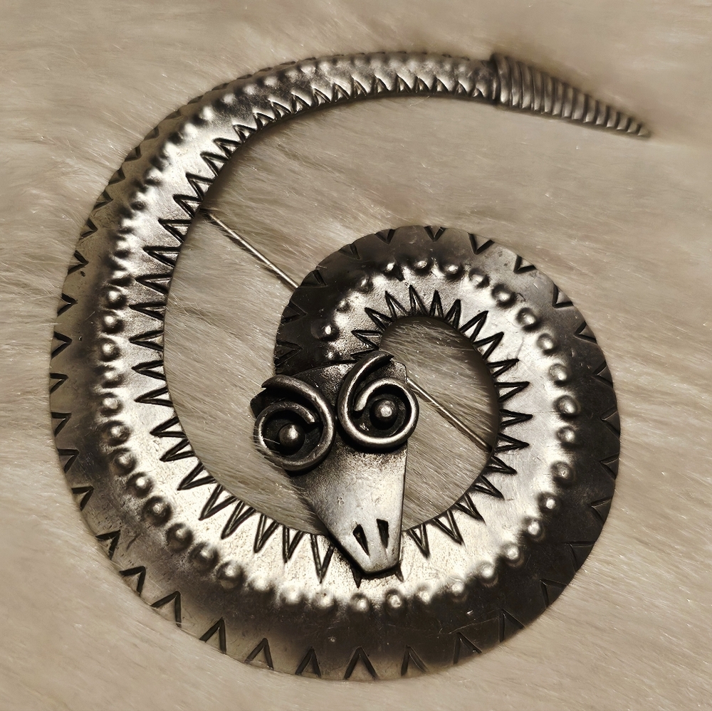 VTG J J Jonette Jewelry Snake Serpent Reptile Figure Coiled Pewter 3" Brooch Pin